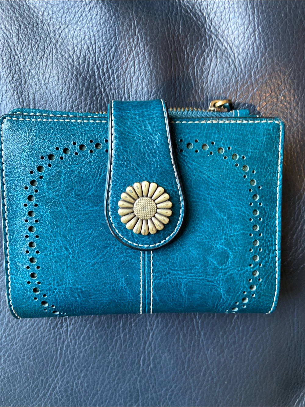 Teal Women's Wallet with Decorative Daisy Accent